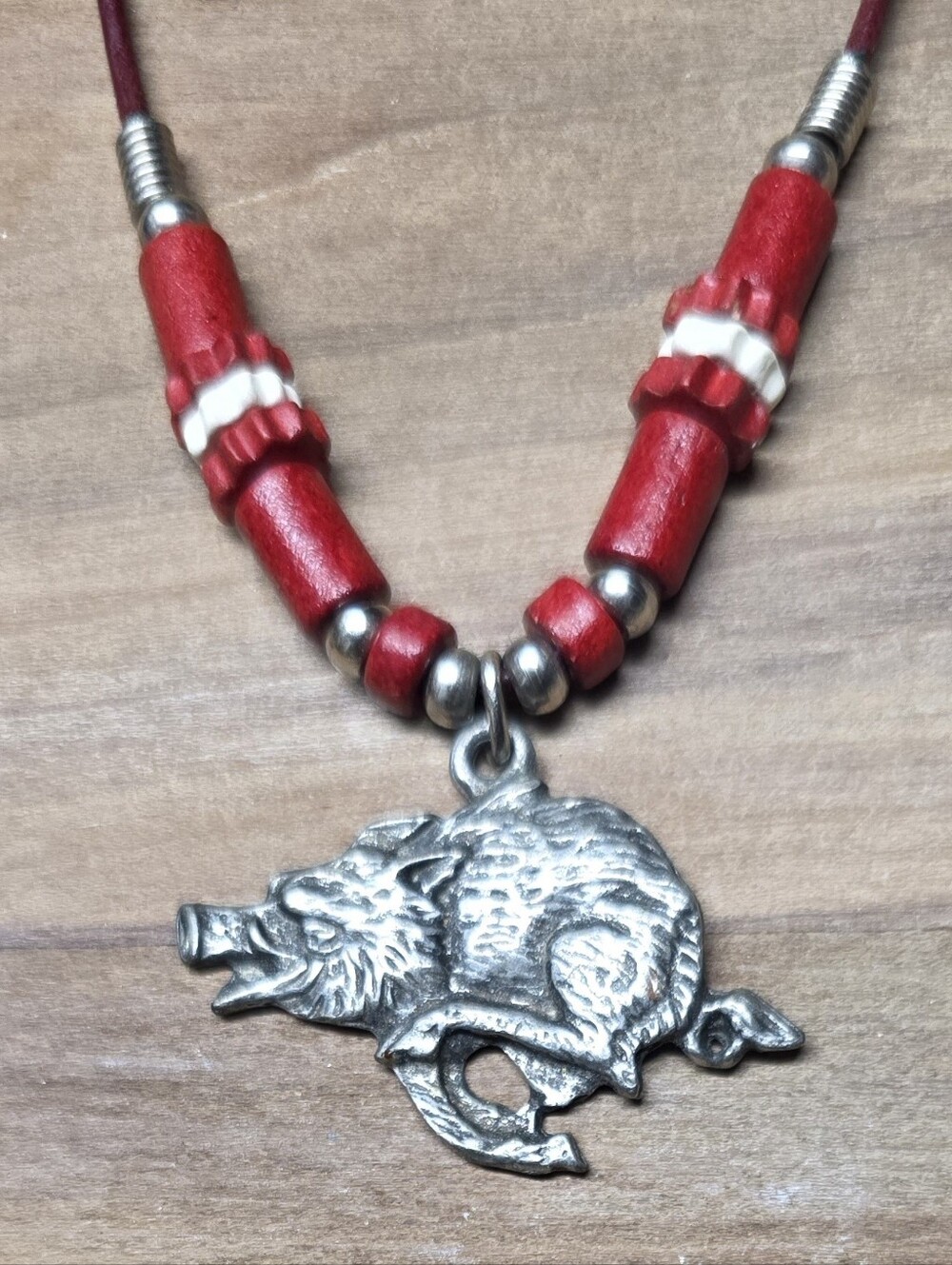 Arkansas Hogs Razorback Necklace w Red Beads